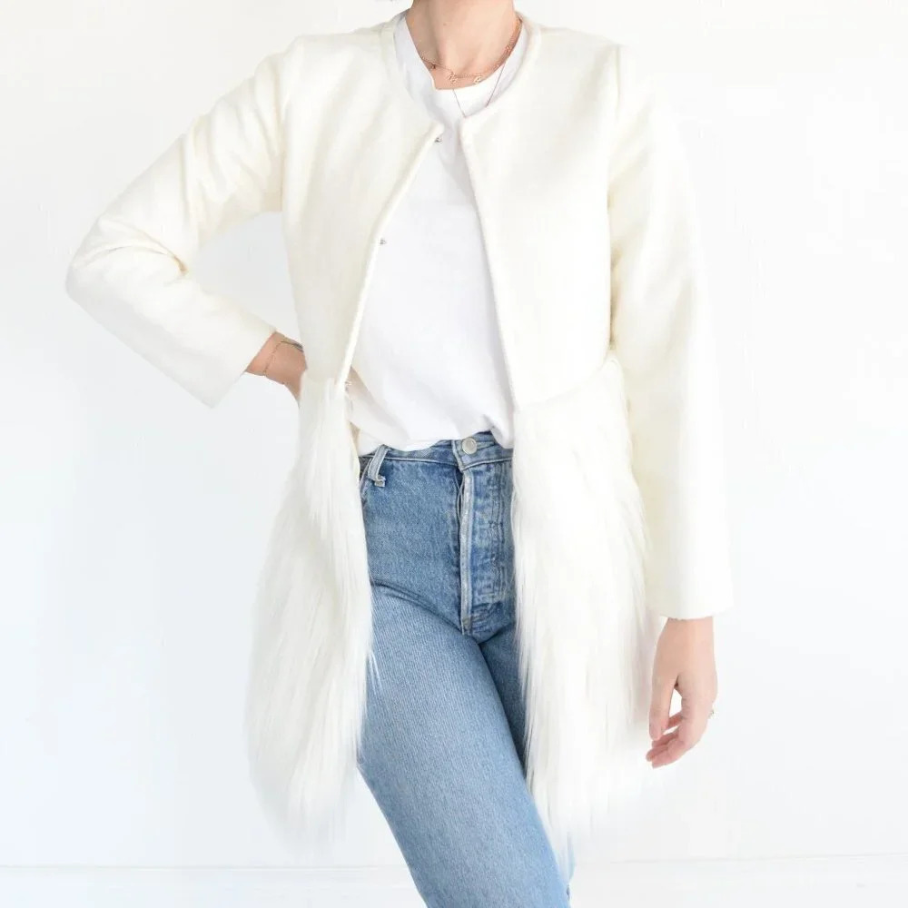 Women's Ivory Faux Fur Trim Coat